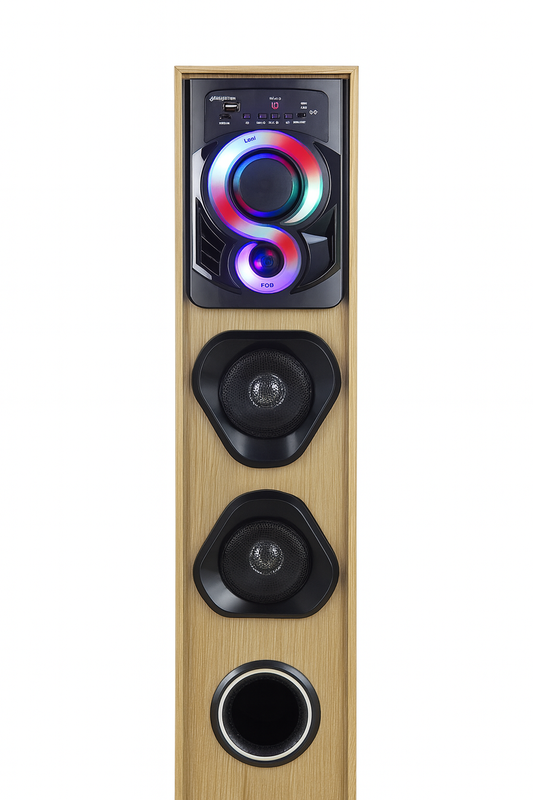 120W Floor-Standing Tower Speaker with Dual Midrange Drivers, Bluetooth 5.0, USB/SD/AUX/FM, Wooden Cabinet & RGB Lights with 1 Year Warranty
